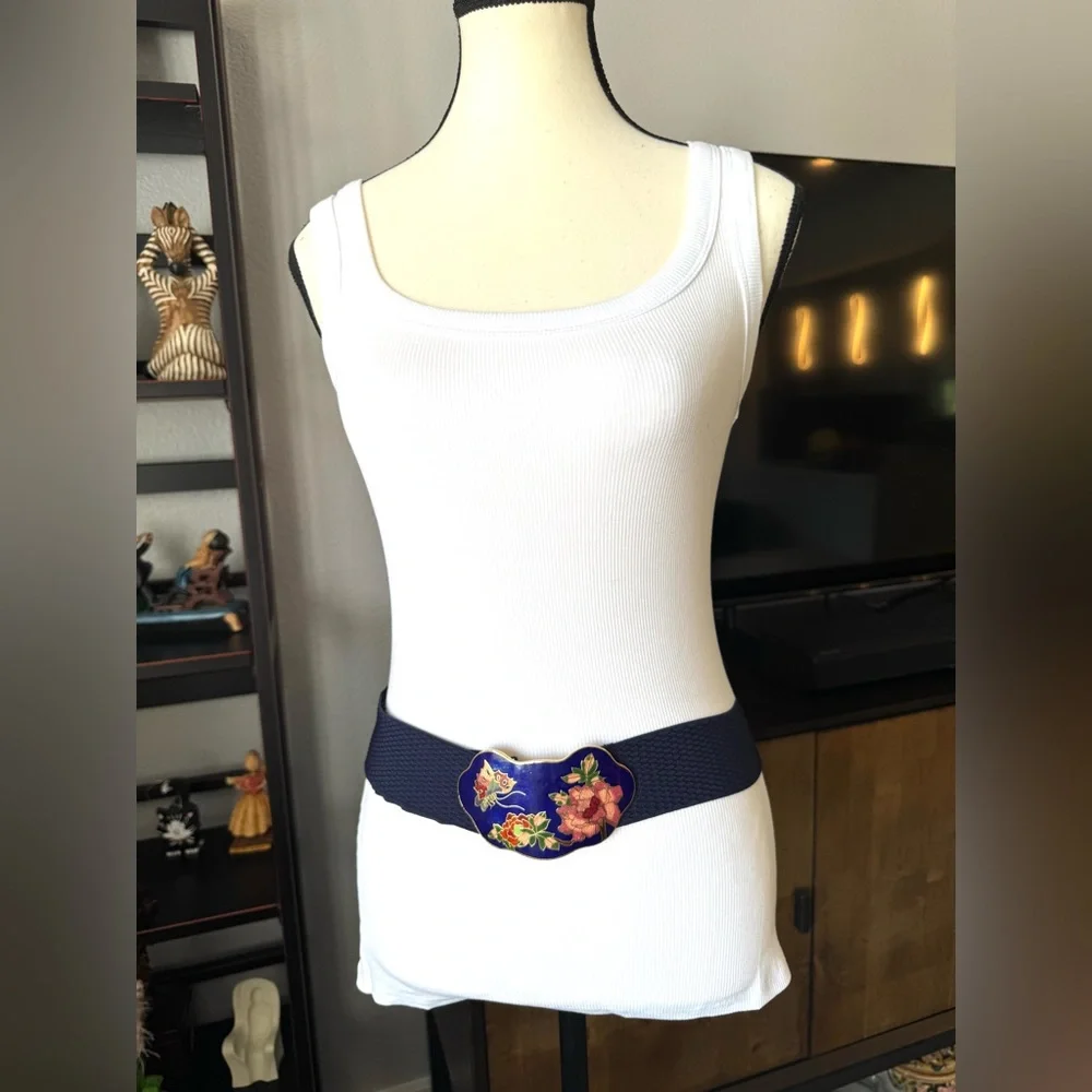 Vintage Cloisonné Floral Blue Stretchy Belt
